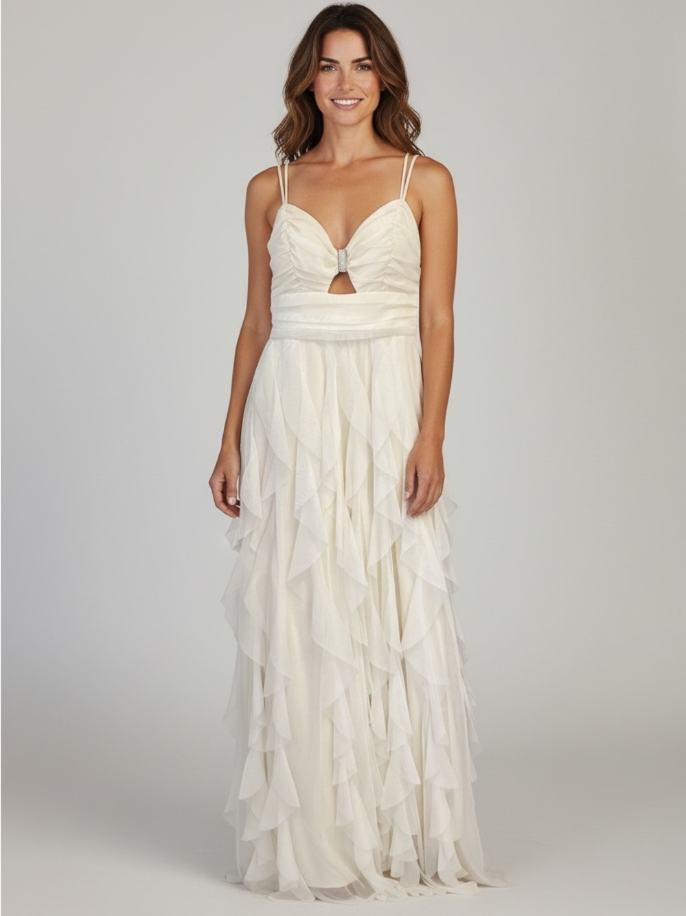 Ivory Ruffled Chiffon Prom Dress with Double Straps